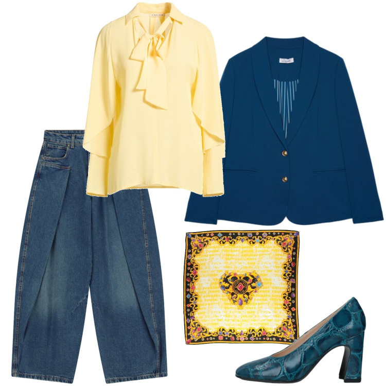 Outfit donna - Un blu particolare abbinato al giallo. Stile Casual chic per Tutti i giorni. Abbinamento con décolleté, top, sciarpe, jeans, blazer.