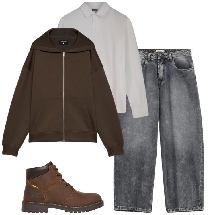 Outfit uomo - City. Stile Casual per Tutti i giorni. Abbinamento con jeans, polo, felpe con cappuccio, stivali e stivaletti.