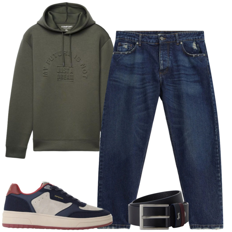 Outfit uomo - Ciry. Stile Casual per Tutti i giorni. Abbinamento con cinture, jeans, sneakers, felpe con cappuccio.