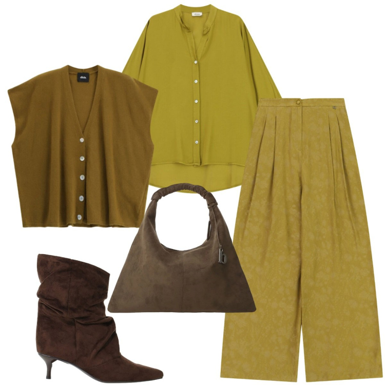 Outfit donna - Total look #2478794. Stile Casual per Tutti i giorni. Abbinamento con stivali, borse a spalla, camicie, pantaloni a palazzo, maglieria.