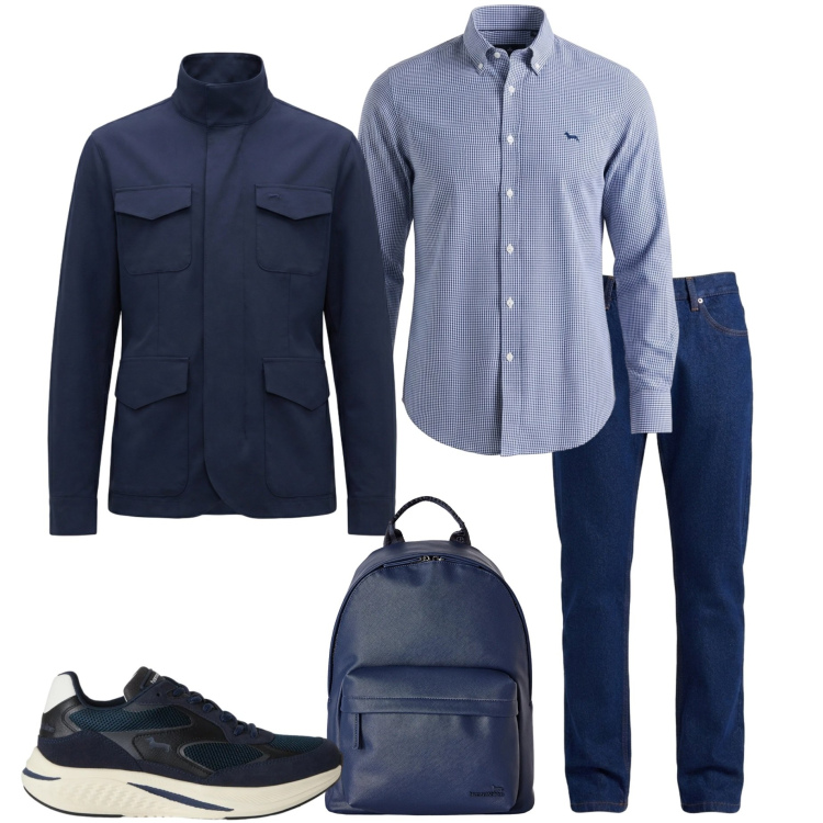 Outfit uomo - Ultimo weekend di settembre. Stile Casual per Tutti i giorni. Abbinamento con borse sportive, camicie, sneakers, jeans, giacche.