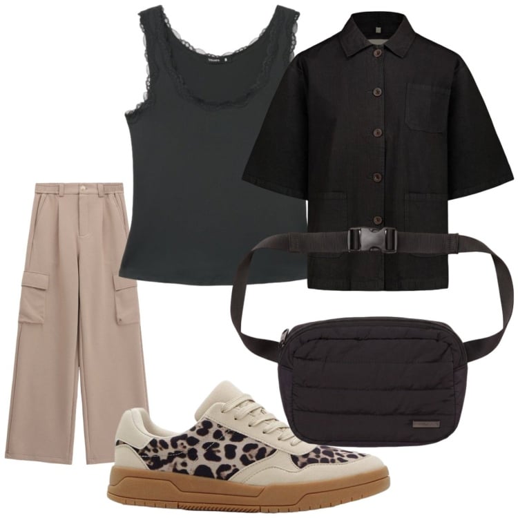Outfit donna - Sneakers mania. Stile Casual per Tutti i giorni. Abbinamento con sneakers, blazer, canottiere, marsupi, pantaloni cargo.