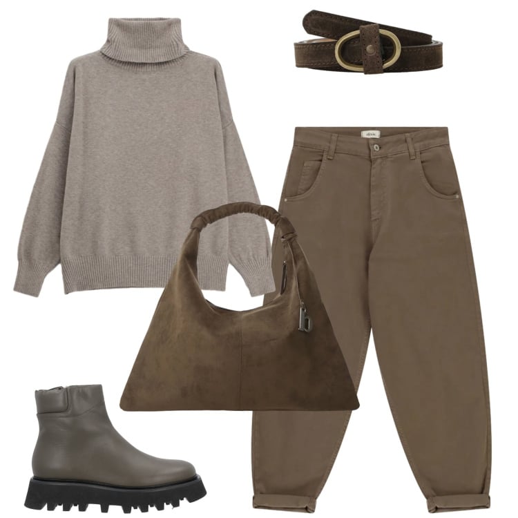 Outfit donna - City. Stile Casual chic per Tutti i giorni. Abbinamento con stivaletti, maglieria, borse a spalla, cinture, pantaloni.