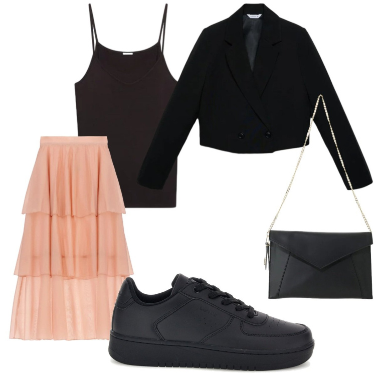 Outfit donna - Oroscopo La Bilancia. Stile Romantica per Serata fuori. Abbinamento con blazer, borse a tracolla, gonne lunghe, canottiere, sneakers.
