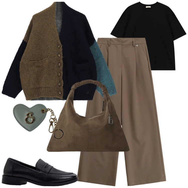 Outfit donna - Dixie. Stile Urban per Tutti i giorni. Abbinamento con mocassini, pantaloni a palazzo, borse a spalla, cardigans, t-shirt, portachiavi.