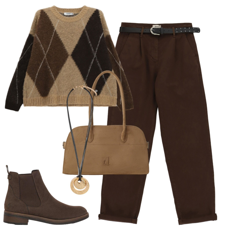 Outfit donna - City. Stile Casual chic per Tutti i giorni. Abbinamento con stivaletti, maglieria, borse a spalla, pantaloni, ciondoli.