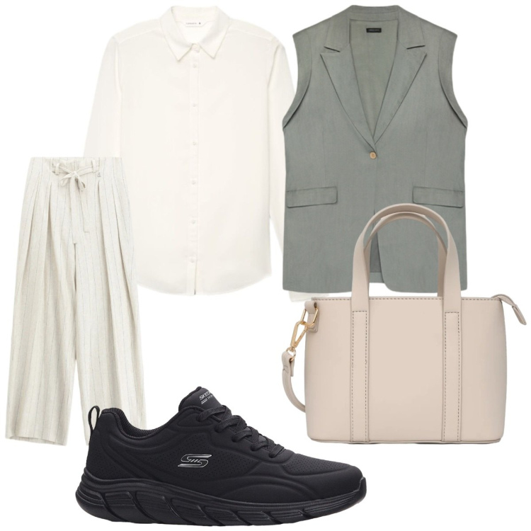 Outfit donna - Una giacca in città. Stile Casual chic per Ufficio. Abbinamento con sneakers, borse a tracolla, camicie, pantaloni a palazzo, gilet.