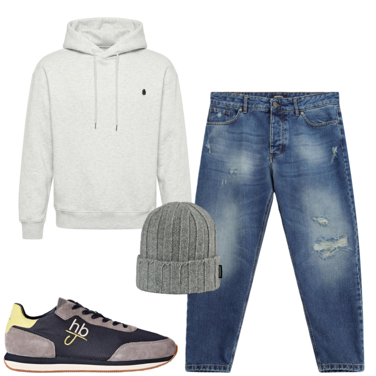 Outfit uomo - Total look #2478829. Stile Casual per Tutti i giorni. Abbinamento con sneakers, jeans strappati, felpe con cappuccio, berretti.