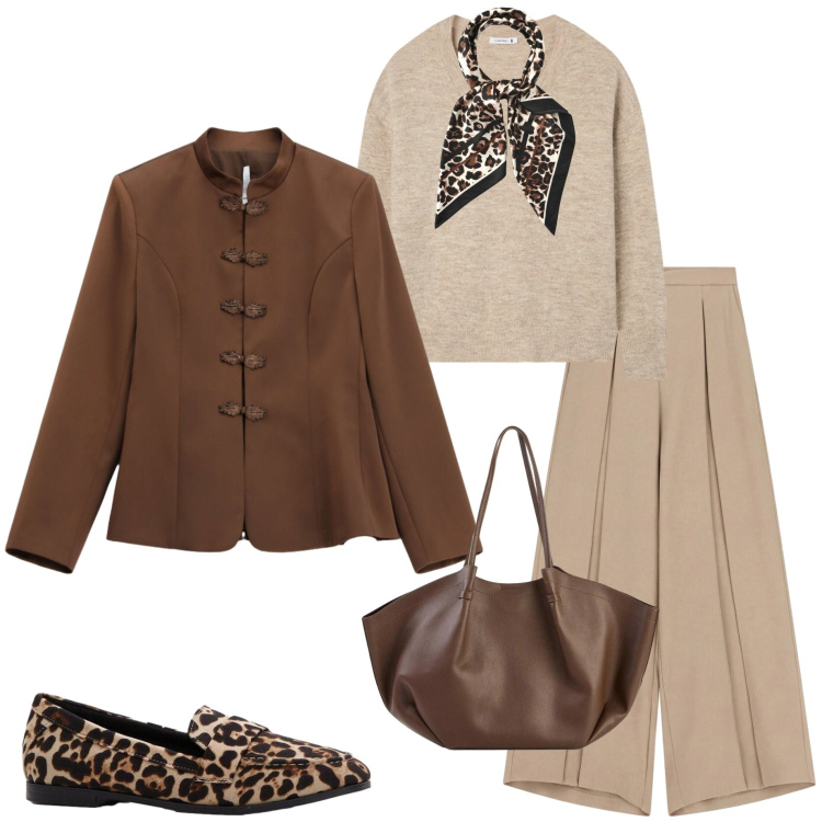 Outfit donna - Una giacca in città. Stile Urban per Ufficio. Abbinamento con shopping bag, mocassini, maglieria, foulard, pantaloni a palazzo, blazer.
