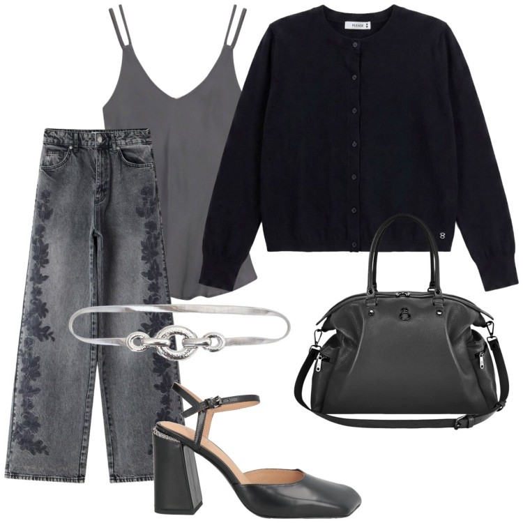 Outfit donna - Total look #2478837. Stile Vintage retrò per Serata fuori. Abbinamento con décolleté, jeans, cardigans, top, cinture, shopping bag.