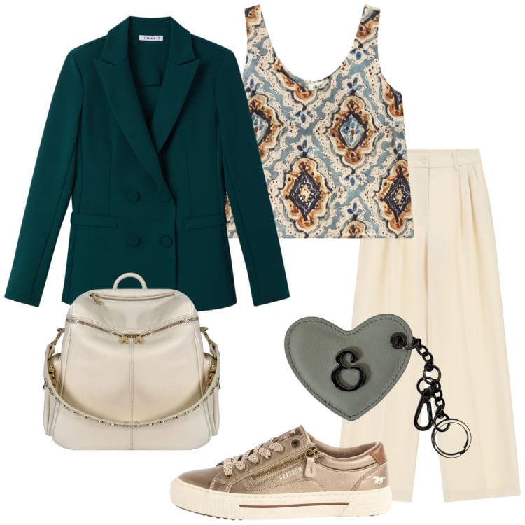 Outfit donna - Ho le chiavi dell\' ufficio. Stile Casual chic per Ufficio. Abbinamento con sneakers, blazer, pantaloni a palazzo, canottiere, zaini, portachiavi.