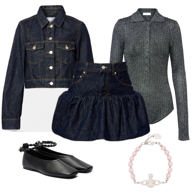 Outfit femme - Ensemble denim Ganni. Style Romantique pour Tous les jours. Assortir avec bracelets, blazers, ballerines, body, jupes.