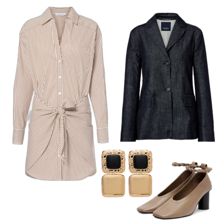Outfit femme - Robe chemise. Style Casual chic pour Bureau. Assortir avec robes chemisier, blazers, chaussures à talon, boucles d'oreilles.