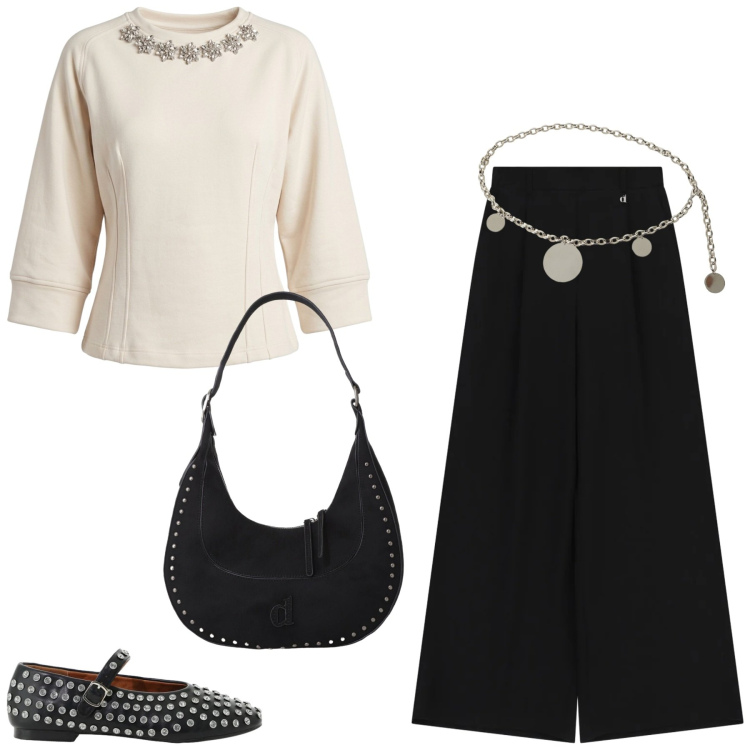 Outfit donna - Dixie. Stile Glamour per Ufficio. Abbinamento con borse a spalla, ballerine, pantaloni a palazzo, felpe, cinture.