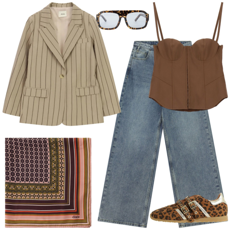 Outfit donna - Dixie. Stile Casual chic per Serata fuori. Abbinamento con occhiali da sole, foulard, jeans, blazer, sneakers, top.