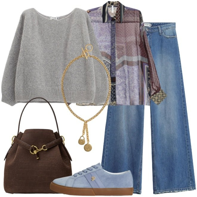 Outfit donna - Elegantemente casual. Stile Casual chic per Tutti i giorni. Abbinamento con camicie, jeans dritti, maglieria, sneakers, borse a secchiello, ciondoli.