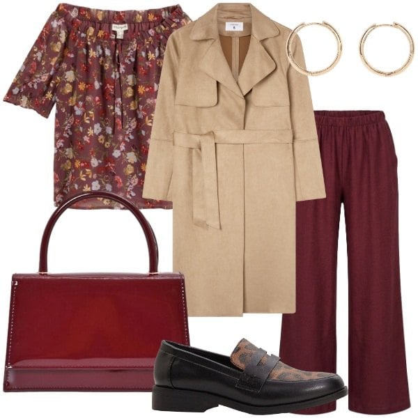 Outfit donna - Trench autunnale. Stile Casual chic per Tutti i giorni. Abbinamento con mocassini, orecchini, bluse, trench, borse a mano, pantaloni a palazzo.