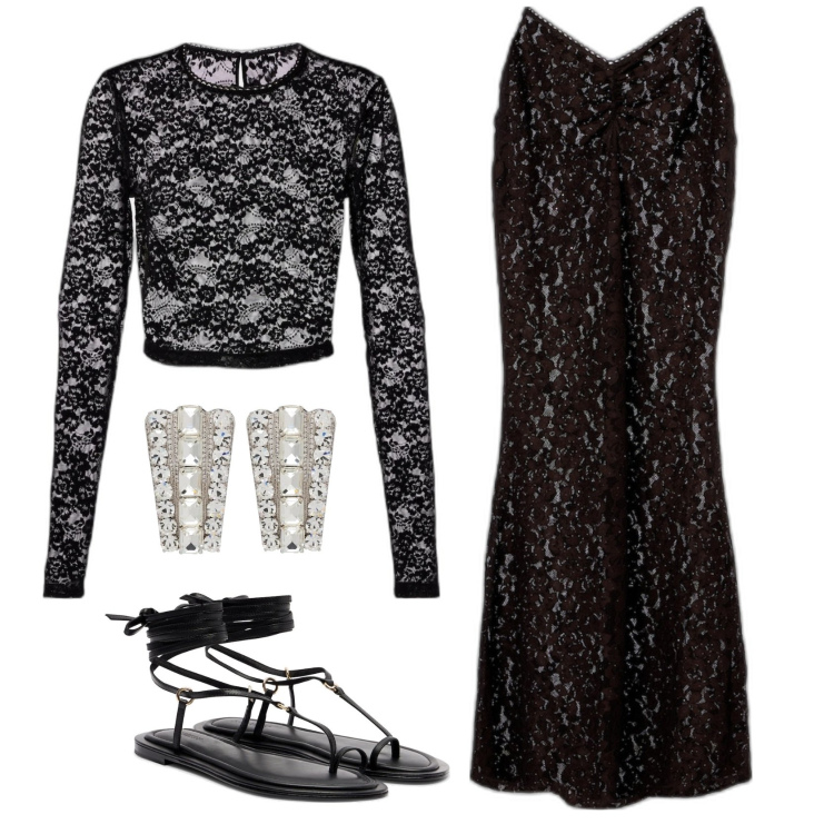 Outfit femme - Dentelle. Style Glamour pour Soirée dehors. Assortir avec jupes longues, sandales en cuir, boucles d'oreilles, hauts.