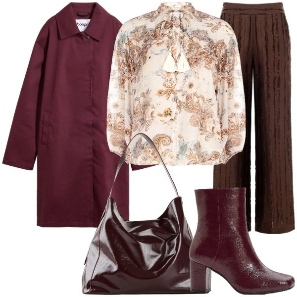 Outfit donna - look armonioso e raffinato. Stile Glamour per Tutti i giorni. Abbinamento con stivaletti, shopping bag, trench, bluse, pantaloni a palazzo.