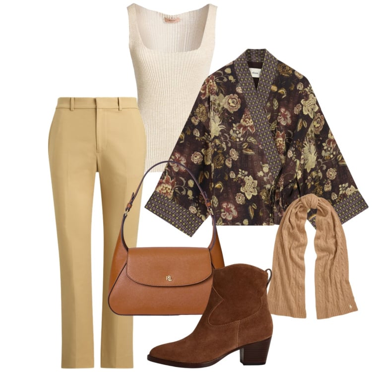 Outfit donna - Oroscopo La Bilancia - Vestire l\'equilib. Stile Bon Ton per Tutti i giorni. Abbinamento con top, kimono, sciarpe, borse a spalla, pantaloni, stivaletti.