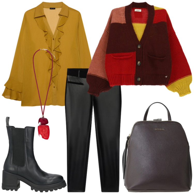 Outfit donna - Total look #2478859. Stile Trendy per Ufficio. Abbinamento con stivaletti, zaini, cardigans, ciondoli, bluse, pantaloni skinny.