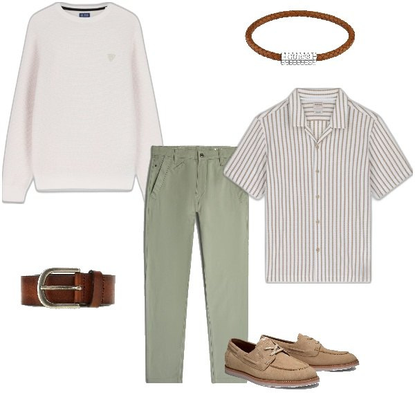 Outfit hombre - A trabajar. Estilo Urban para Oficina. Combinación con zapatos con cordones, camisas de manga corta, cinturones, pulseras, prendas de punto, pantalones.