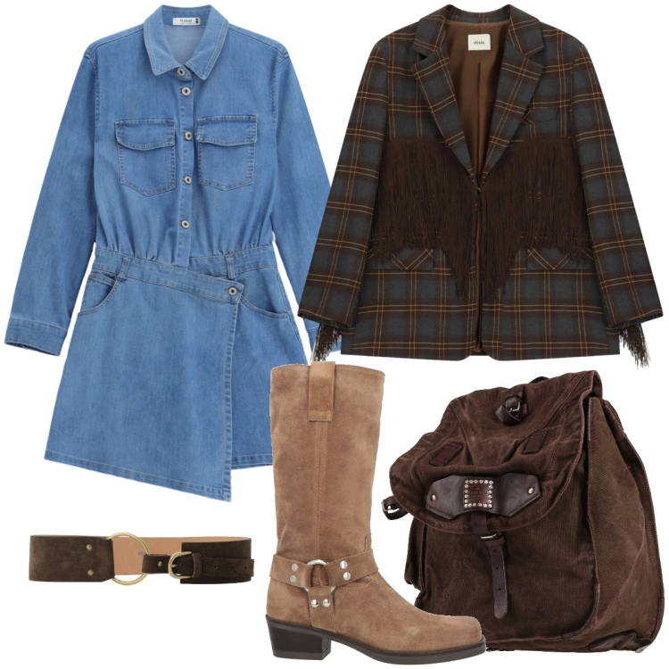 Outfit donna - Country Chic. Stile Boho per Ufficio. Abbinamento con stivali, zaini, vestiti asimmetrici, cinture, blazer.