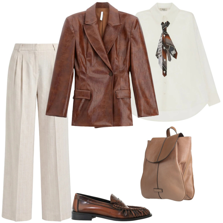Outfit donna - Blazer stampa vistosa. Stile Trendy per Ufficio. Abbinamento con zaini, pantaloni, mocassini, blazer, camicie.