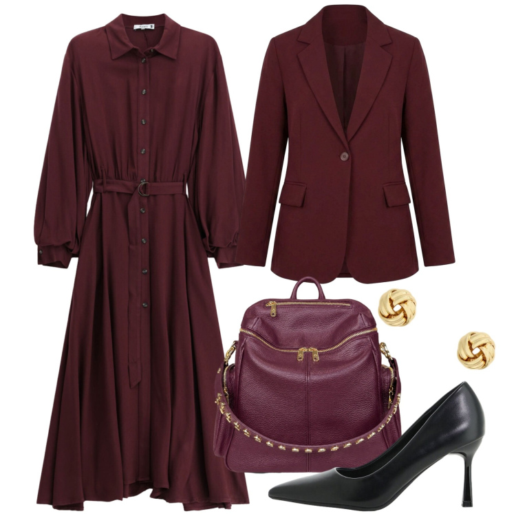 Outfit donna - Oroscopo La Bilancia - Vestire l\'equilib. Stile Bon Ton per Ufficio. Abbinamento con décolleté, vestiti chemisier, zaini, orecchini, blazer.