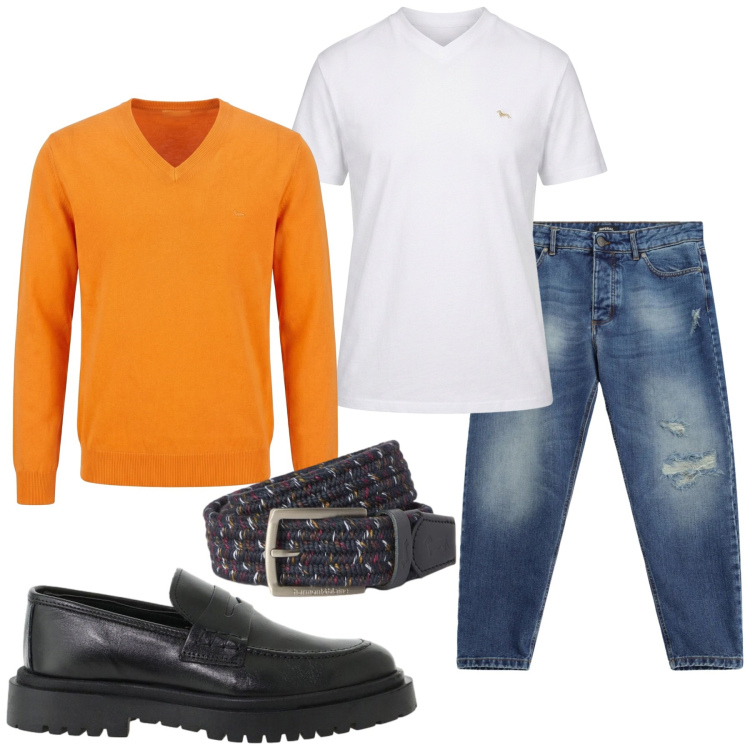 Outfit uomo - Total look #2478888. Stile Trendy per Serata speciale. Abbinamento con t-shirt, cinture, pullovers, jeans strappati, scarpe stringate.