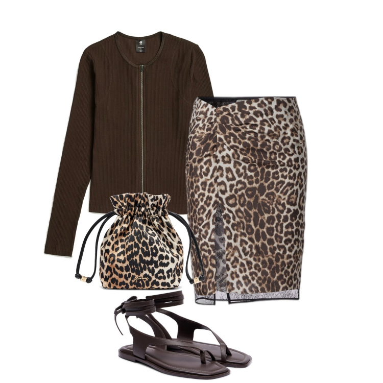 Outfit femme - Léopard. Style Ethnique pour Tous les jours. Assortir avec minijupes, sandales en cuir, pochette, t-shirts.