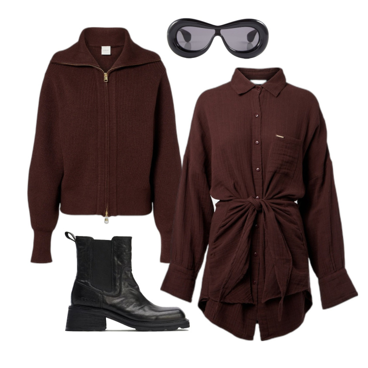 Outfit femme - Robe chemise marron. Style Casual pour Tous les jours. Assortir avec robes chemisier, boots, lunettes de soleil, gilets.