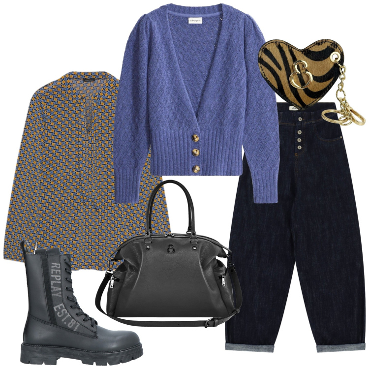 Outfit donna - Total look #2478904. Stile Urban per Tutti i giorni. Abbinamento con anfibi, cardigans, pantaloni, bluse, portachiavi, shopping bag.