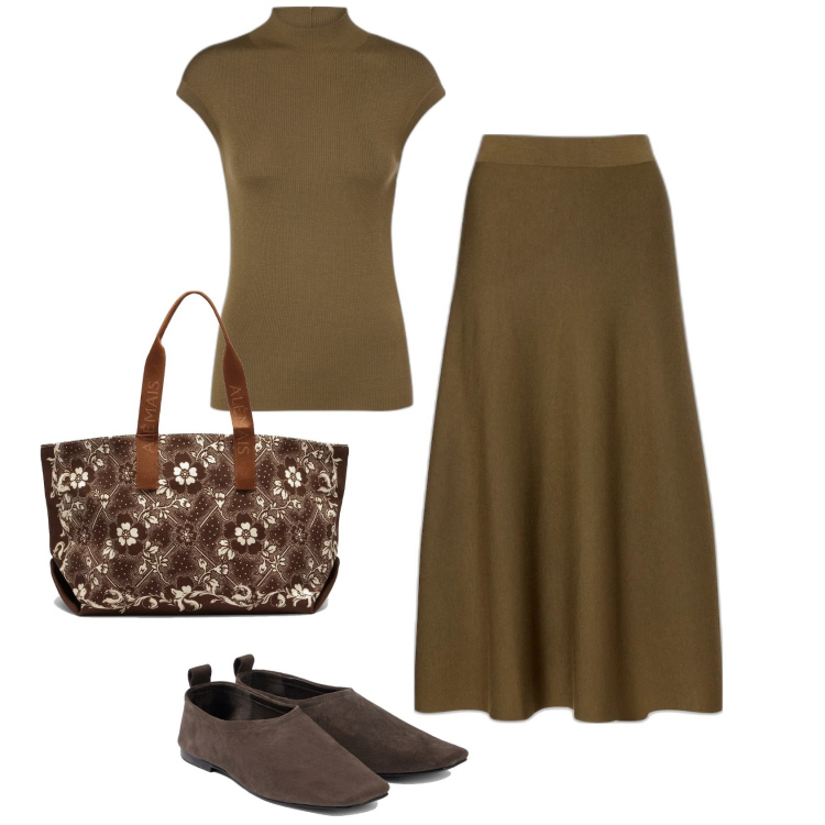 Outfit femme - Ensemble laine vierge. Style Casual chic pour Tous les jours. Assortir avec jupes au genou, hauts, sac cabas, ballerines.
