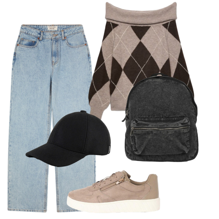 Outfit donna - Total look #2478911. Stile Urban per Tutti i giorni. Abbinamento con sneakers, jeans, zaini, maglieria, cappelli con visiera.