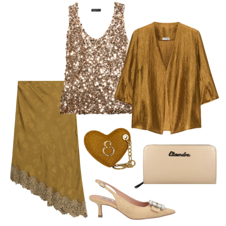 Outfit donna - Avvolgente color ocra per una cerimonia. Stile Chic per Cerimonia. Abbinamento con décolleté, gonne longuette, top, blazer, portafogli, portachiavi.