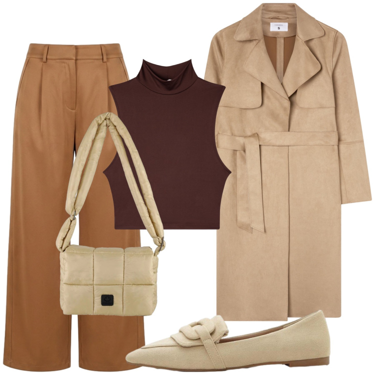 Outfit donna - Total look #2478918. Stile Bon Ton per Ufficio. Abbinamento con mocassini, top, trench, pantaloni a palazzo, borse a spalla.