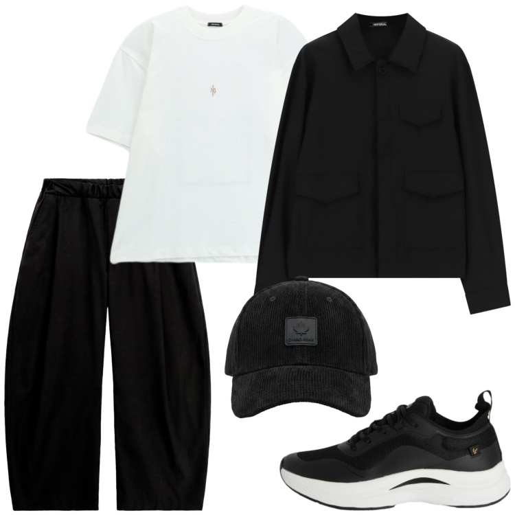 Outfit uomo - Total look #2478923. Stile Trendy per Tutti i giorni. Abbinamento con t-shirt, cappotti, pantaloni, sneakers, cappelli con visiera.