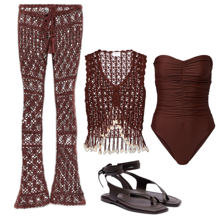 Outfit femme - Ensemble Crochet. Style Boho pour Plage. Assortir avec sandales en cuir, pantalon , hauts, maillots de bain.