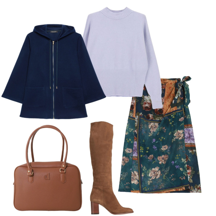 Outfit donna - Al lavoro con la gonna pareo fantasia. Stile Trendy per Tutti i giorni. Abbinamento con stivali, maglieria, gonne longuette, borse a mano, blazer.