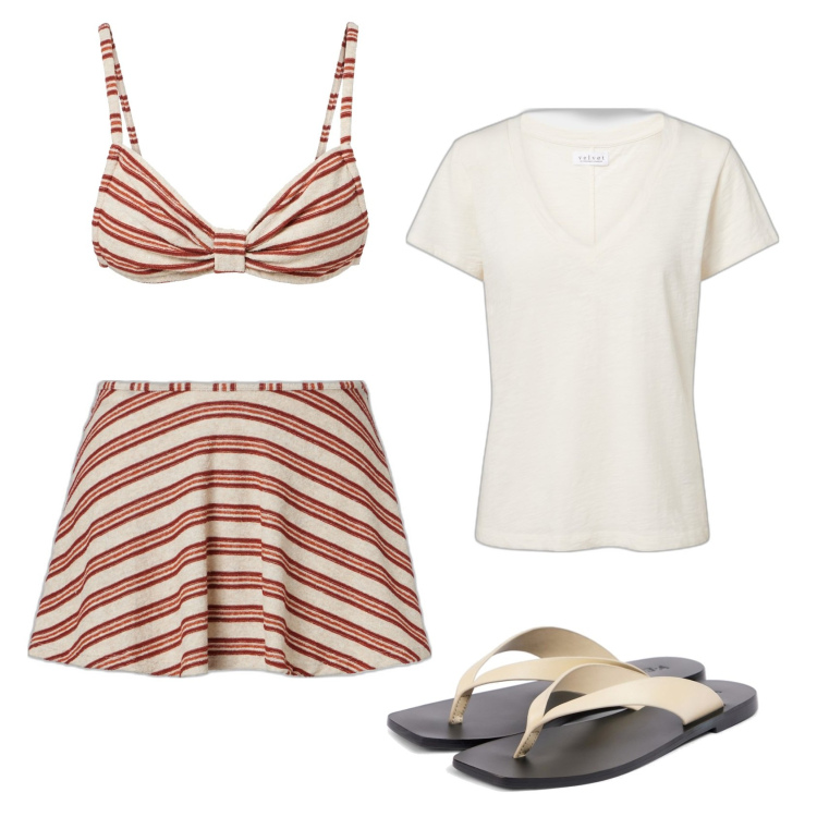 Outfit femme - Plage et rayures. Style Basique pour Plage. Assortir avec t-shirts, sandales en cuir, maillot de bain 2 pièces, jupes.