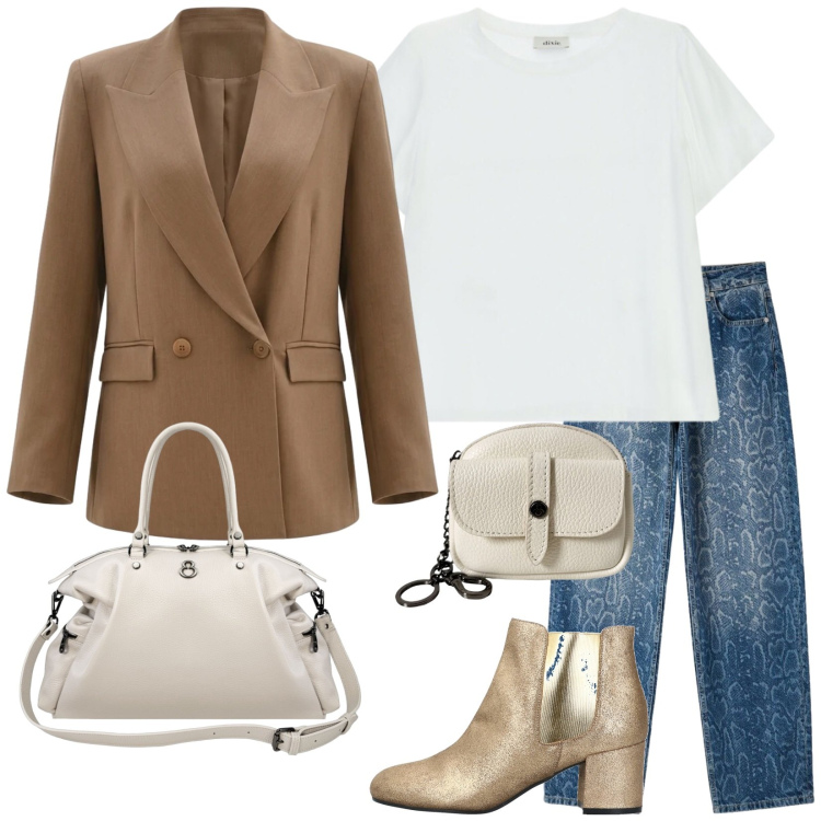 Outfit donna - In città. Stile Casual chic per Tutti i giorni. Abbinamento con stivaletti chelsea, jeans dritti, t-shirt, blazer, shopping bag, portachiavi.