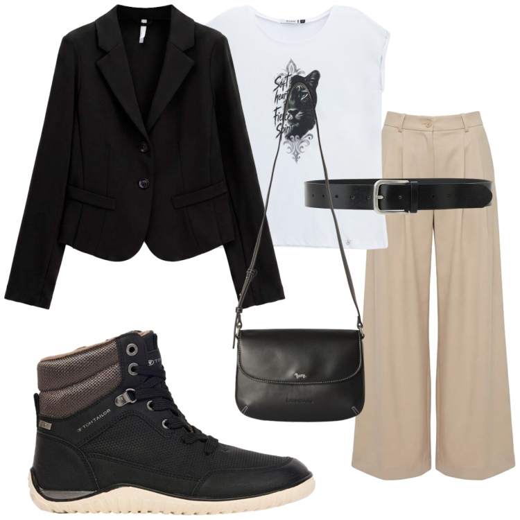 Outfit donna - Sneakers sempre e comunque. Stile Casual chic per Tutti i giorni. Abbinamento con sneakers, pantaloni, borse a tracolla, blazer, t-shirt, cinture.