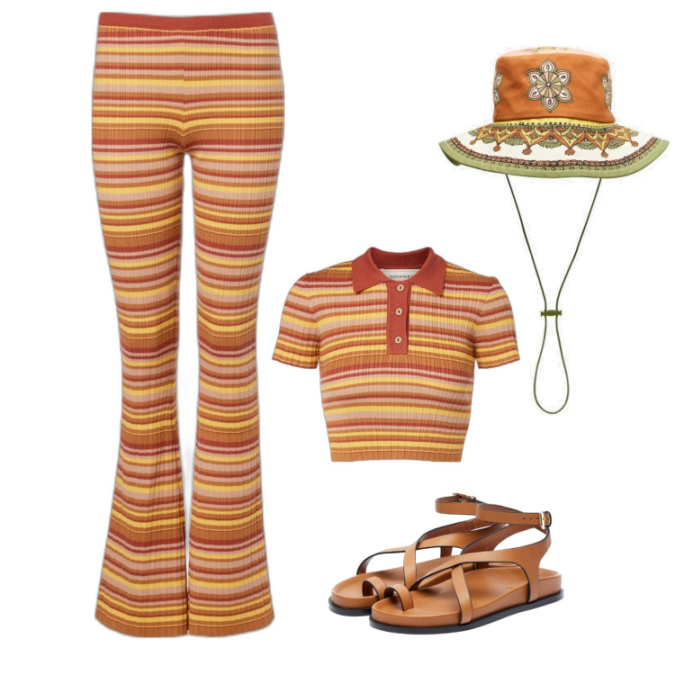 Outfit femme - Ensemble rayé. Style Boho pour Tous les jours. Assortir avec chapeaux, polos, pantalon , sandales.