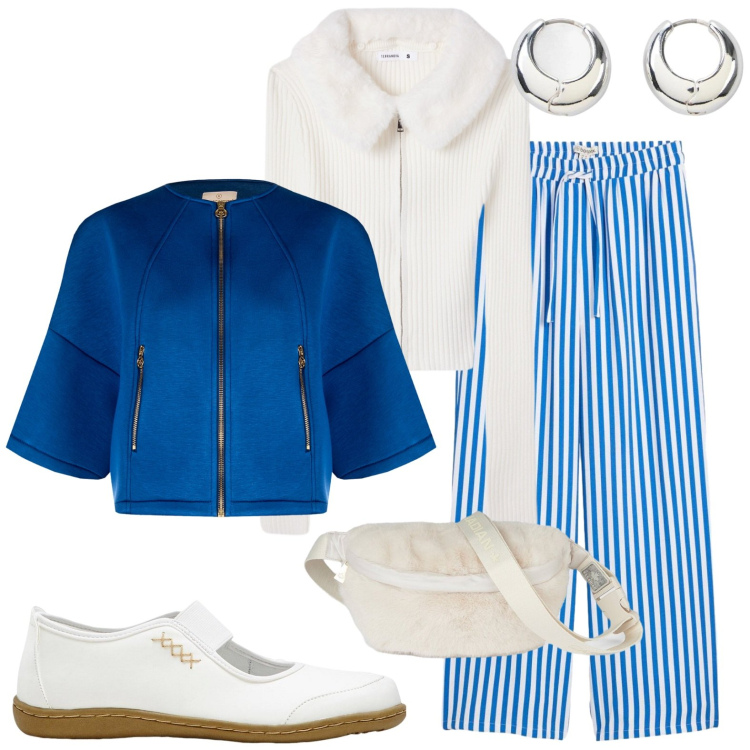 Outfit donna - Casual. Stile Casual per Tutti i giorni. Abbinamento con ballerine, pantaloni, orecchini, cardigans, blazer, marsupi.