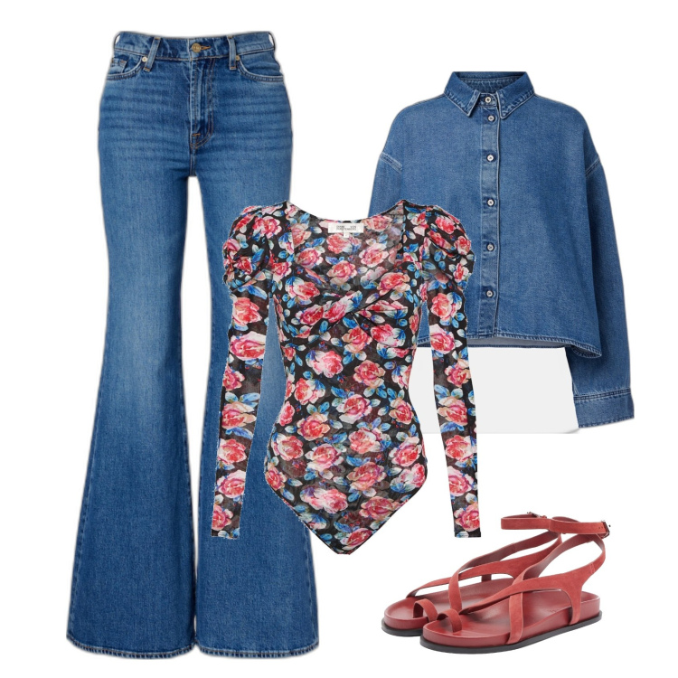 Outfit femme - Body fleuri. Style Romantique pour Tous les jours. Assortir avec sandales en cuir, body, jean patte d'éléphant, chemisiers.