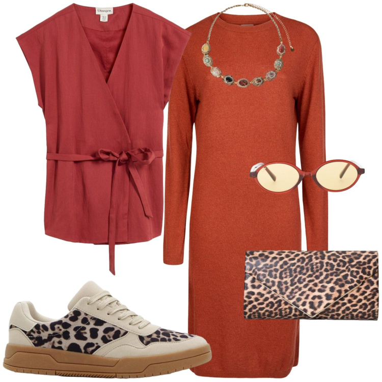 Outfit donna - Casual con il midi. Stile Casual chic per Tutti i giorni. Abbinamento con sneakers, gilet, vestiti midi/longuette, occhiali da sole, pochette, collane.