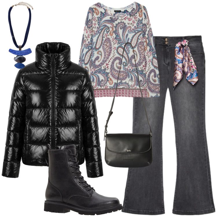 Outfit donna - Casual. Stile Casual per Tutti i giorni. Abbinamento con stivaletti, borse a tracolla, piumini, ciondoli, jeans, maglieria.