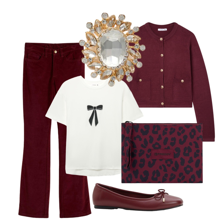 Outfit donna - Settembre. Stile Casual chic per Ufficio. Abbinamento con pantaloni, ballerine, cardigans, t-shirt, clutch, blazer.