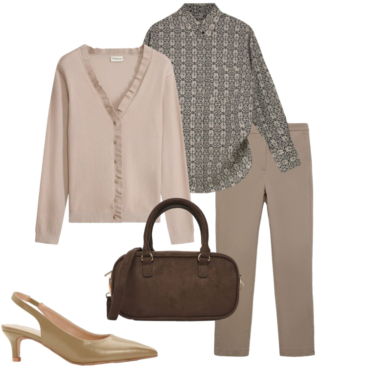 Outfit donna - In ufficio. Stile Basic per Ufficio. Abbinamento con décolleté, cardigans, camicie, pantaloni skinny, borse a tracolla.